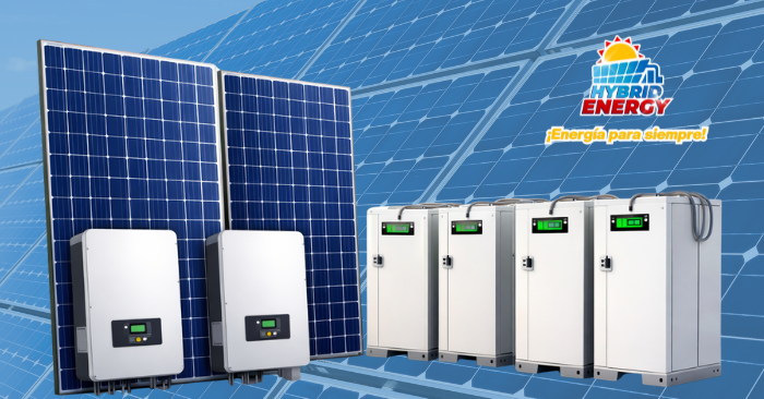 Sistema solar comercial con paneles solares, inversores y baterías de almacenamiento instalado para negocios en Puerto Rico, diseñado para resiliencia energética, reducción de picos de demanda y respaldo durante apagones.